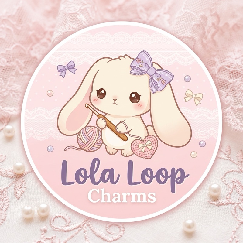 Lola the cream bunny with a lavender bow, crocheting a little pink heart